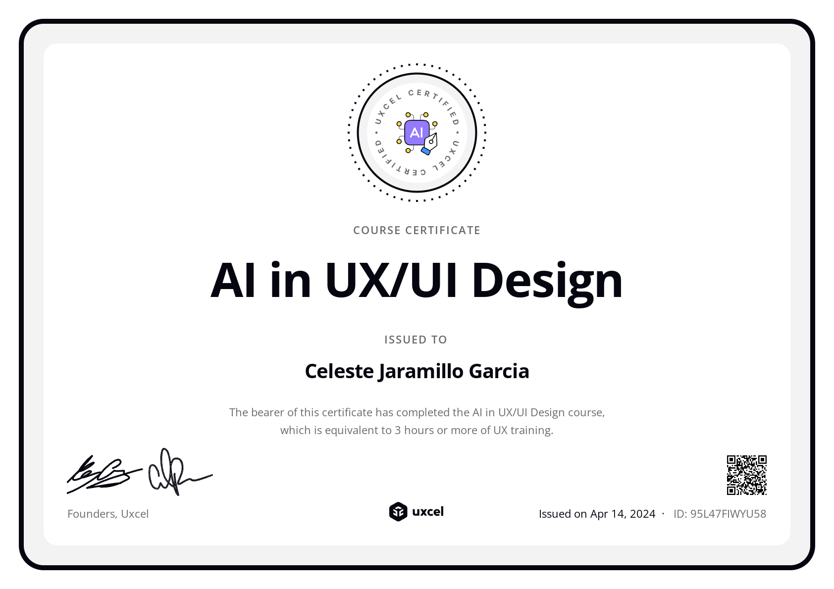 Celeste Jaramillo Garcia's certificate